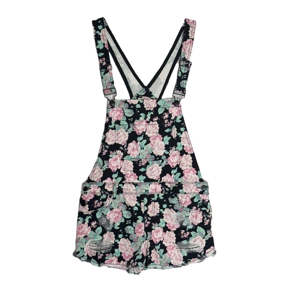 Forever 21 Rose Floral Print Distressed Premium Denim Overalls Size 27 - Picture 2 of 9